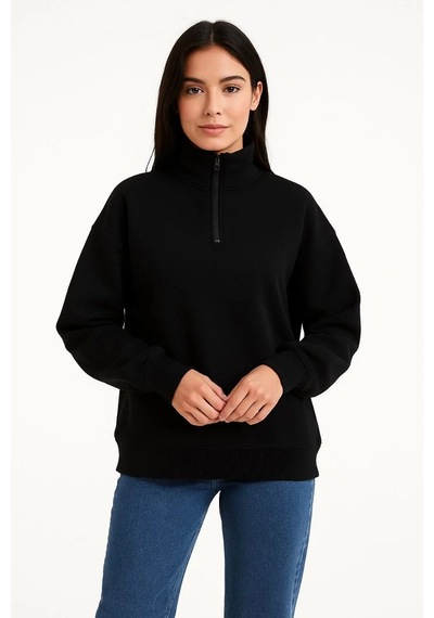 Tarzyeri Kadın 3 İplik Pamuklu Dık Yaka Yarım Fermuarlı Sweatshirt - Siyah