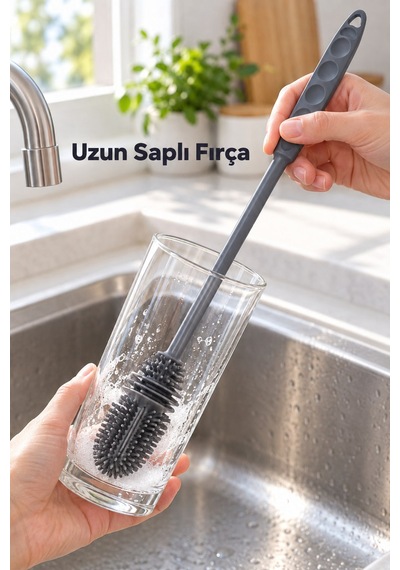 Uzun Saplı Silikon Bardak Ve Kavanoz Yıkama Fırçası 28 Cm Biberon Termos