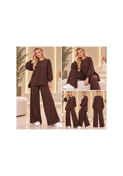 Bul-al Kadın Oversize Bisiklet Yaka Uzun Kollu Tunik Ve Cepli Olmayan Bol Paça Pantolon İkili Takım Kahverengi