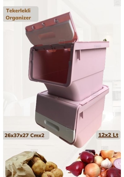 2 Li Tekerlekli Organizer Bpa Free Erzak Kutusu Sebzelik Soğanlık Oyuncaklık Pembe 24 Lt Pembe