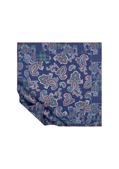 İpek Evi İpekevi Twill İpek Eşarp - Patchwork Desenli - Lacivert Kırmızı