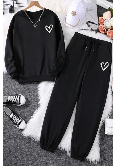 Uyguntarz Kalp Baskılı Unisex Eşofman Takımı Siyah