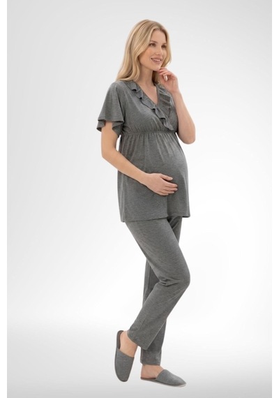 Mecit Pijama Mecit 6403 Sabahlıklı Lohusa Pijama Takımı Füme
