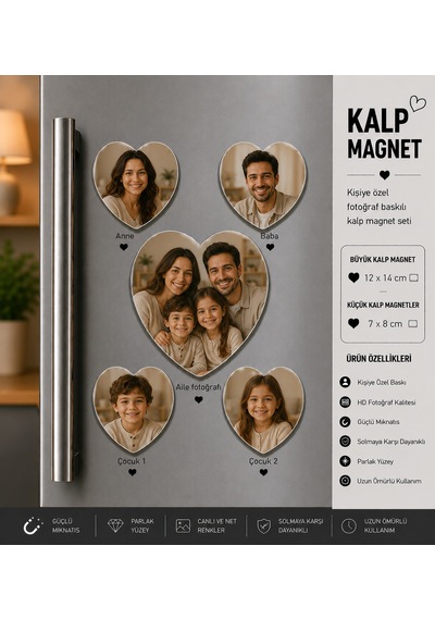 Kalp Fotoğraf Magneti Aile Ve Çocuklara Kişiselleştirilebilir Unutulmaz Aile Anısı Hediye Seti
