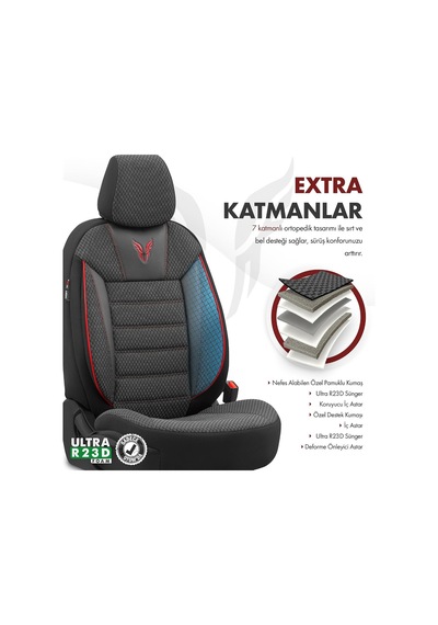 Toro Design Ortopedik Ekstra Destekli Oto Koltuk Kılıfı Özel Pamuklu Kumaş Tam Set Siyah-kırmızı Genel