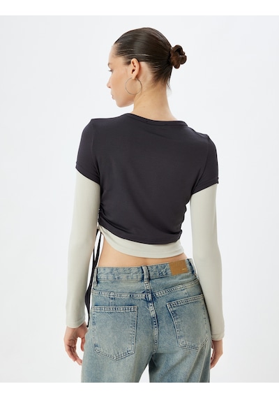 Koton Crop Tişört Uzun Kollu Slim Fit Büzgülü Bisiklet Yaka Antrasit 5wal10070ık Antrasit
