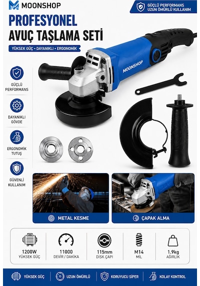 Moonshop 2800W Devir Ayarlı Avuç Içi Spiral Taşlama Makinesi 115-125 MM + 2 Adet Inox Disk