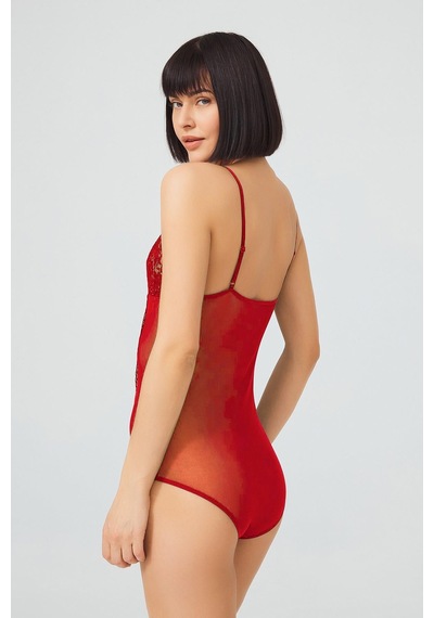 Cottonill Kırmızı Çıtçıtlı Dantelli Transparan Balensiz Bodysuit