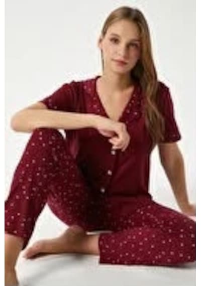 Pijamoni Bayan Milan Kısakollu Boydan Düğmeli Pijama Takım 7515 bordo