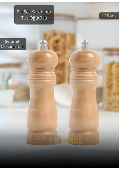 2 Li Set Karabiber Değirmeni Tuz Değirmeni Kalınlık Ayarlı Baharat Öğütücü Seramik Bıçaklı 13 Cm Ahşap