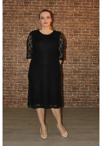 Nidya Moda Büyük Beden Midi Kol Elbise-4009Bds Siyah