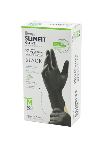 Reflex Slimfit Glove Kod-032 M Siyah Pudrasız Muayene Eldiven 100lü