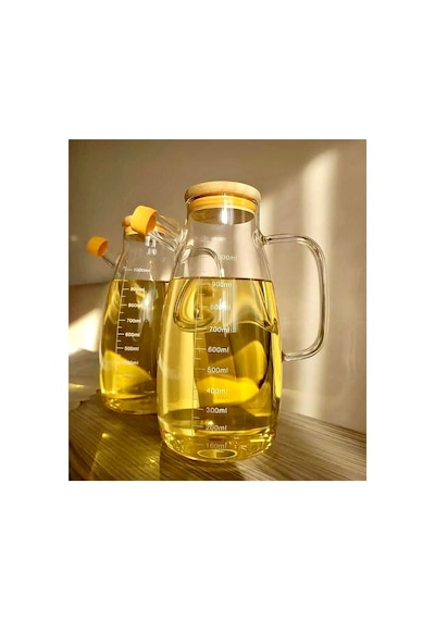 2 Adet Bambu Vakumlu Kapaklı 1000ml Cam Yağdanlık Seti Takımı Şeffaf Şeffaf