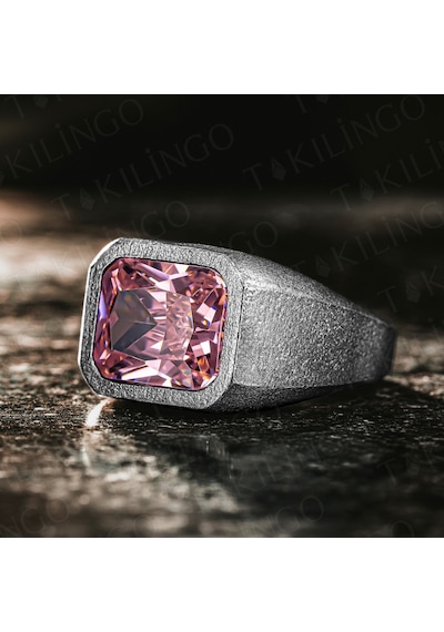 Mh-120 925 Ayar Gümüş Oksitli Pembe Zirkon Taşlı Sade Erkek Yüzük Gümüş