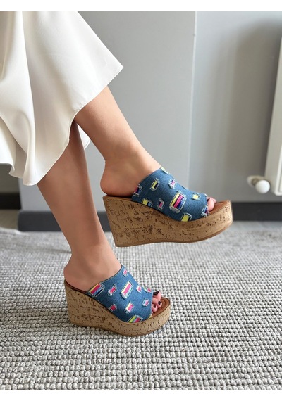 Asmi Shoes Kadın Limo Mavi Kot Dolgulu Mantar Taban Terlik 10 Cm Mavi
