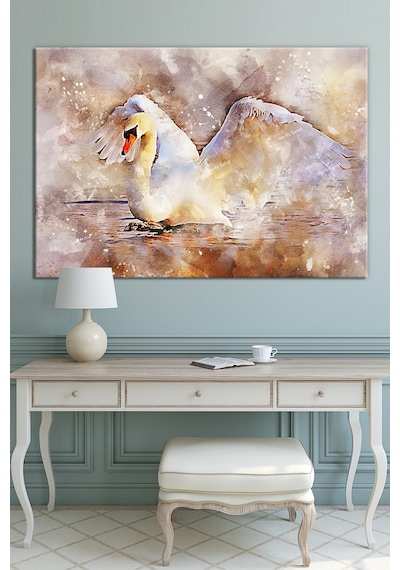 Kuğu Gölde Kuğu Suluboya Efektli Kanvas Tablo 70 x 50