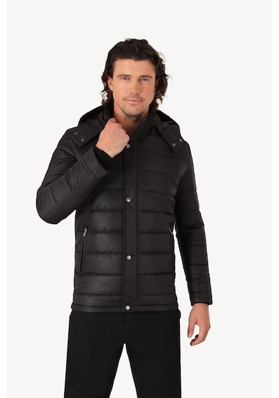Ysf Erkek Siyah Regular Fit Kapüşonlu Kaban