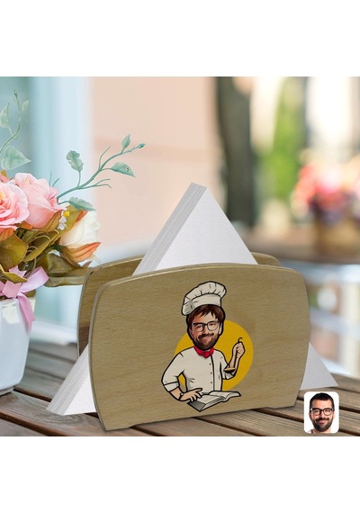 Kişiye Özel Erkek Chef Karikatürlü Lüks Ahşap Peçetelik-12 (511119646)