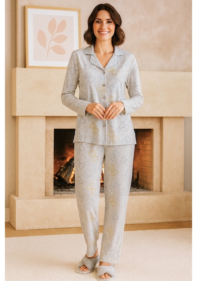 Remsa Kadın Kurdele Desen Suprem Düğmeli Pijama Takımı 0520 Gri04 Gri04