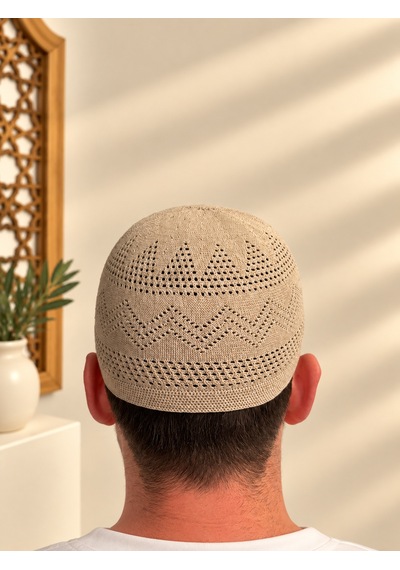 Erkek Namaz Takkesi Zikzak Desenli Standart Beden Mv001 Hac Umre Ve Günlük Kullanım Takkesi Bej