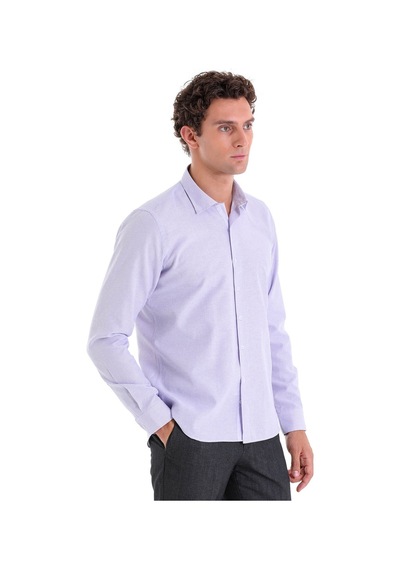 Hatemoğlu Lila K. Comfort Fit Çizgili Pamuklu Slim Yaka Uzun Kollu Casual G Lila