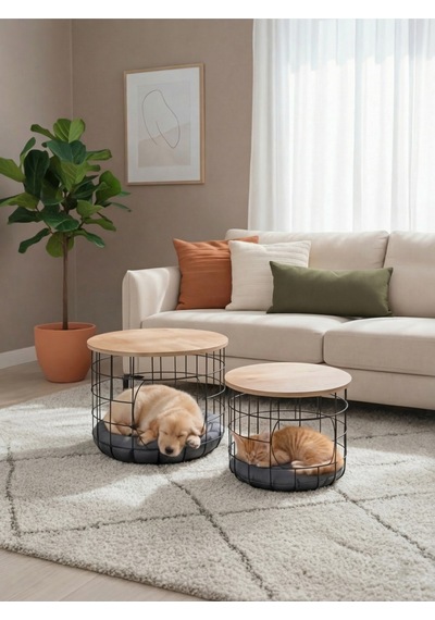 2'li Kedi Yuvalı Sepet Sehpa Metal Gövde Ahşap Tabla Minderli Orta Sehpa Çam