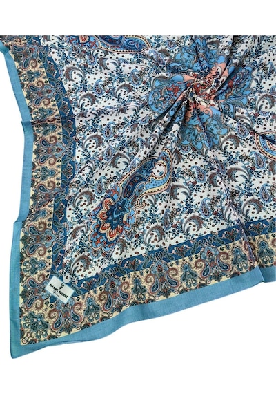 Mim Eşarp Prime Pamuk Etnik Desenli Eşarp 90x90 Cm İndigo - Beyaz