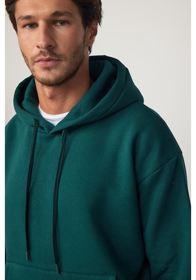 Tudors Oversize Pamuk Kapüşonlu Basıc Yeşil Unisex Sweatshirt-29408-yeşil Yeşil