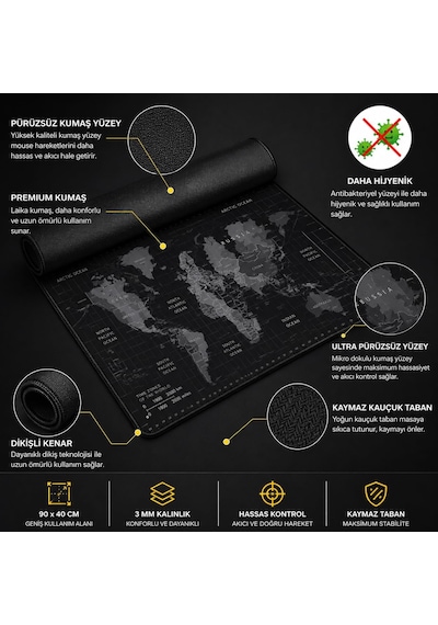 90x40 Cm Mouse Pad, Dünya Haritası Desenli Büyük Mouse Pad, Kaymaz Kauçuk Tabanlı, Dikişli Kenarlı 3 Mm Klavye Ve Mouse Altlığı, Xxl Desk Mat, Ofis Ve Gaming Masa Pedi
