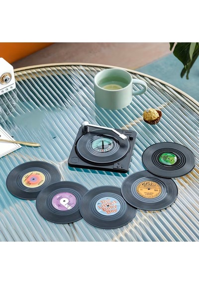 Eski Plak Çalar 7 Parça Dekorlu 6 Lı Bardak Altlığı Vintage Plak Retro Müzik Vinil Dekoru Çok Renkli - Siyah