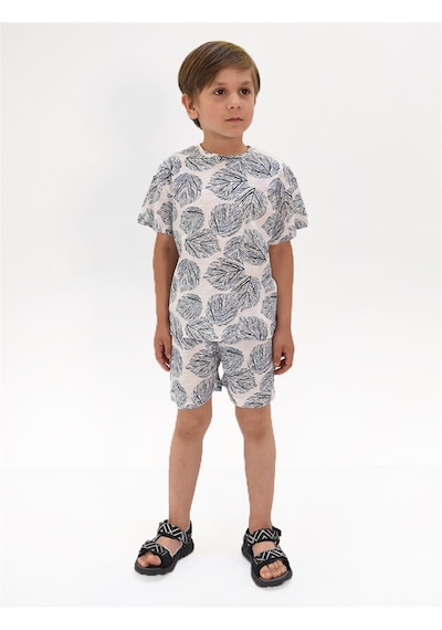 Luess Erkek Çocuk Yaprak Desenli Tshirt Şort Takım Beyaz - Mavi