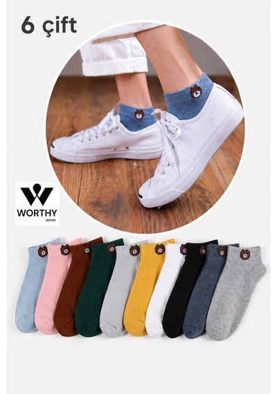 Worthy Socks 6 Lı Ayıcık Desenli Patik Çorap Seti Pamuklu Günlük Çorap Renkli