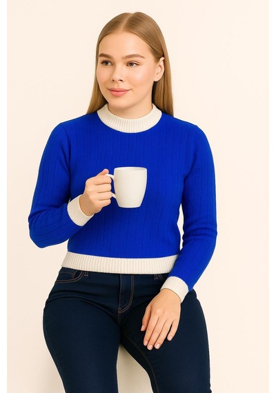 Hira Life Fashion Kadın Bisiklet Yaka Fitili Ve Şerit Detaylı Crop Triko Kısa Kazak Mavi Mavi Hira Life Fashion Kadın Bisiklet Yaka Fitili Ve Şerit Detaylı Crop Triko Kısa Kazak Mavi Mavi