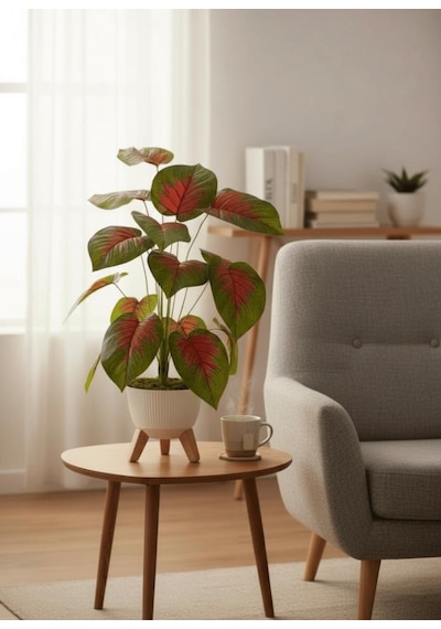 Yapay Çiçek Salon Bitkisi Kızıl Difenbahya 70cm 18 Yaprak Beyaz Zigon Saksıda Yeşil