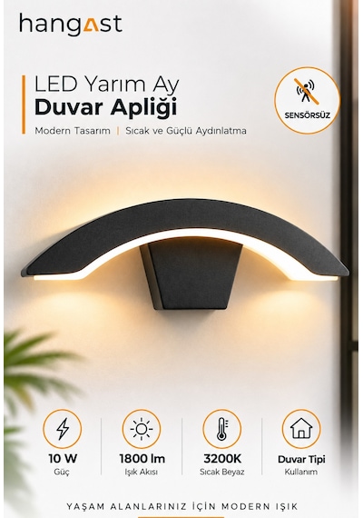 Led Yarım Ay Duvar Apliği 10w 1800 Lm 3200k Sıcak Beyaz Sensörsüz Modern Duvar Lambası Siyah