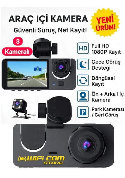 3 Kameralı Ekranlı Araç Kamerası Dahili Wıfı