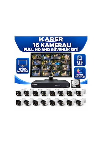 15 Kameralı 19 İnç Monitörlü Full Hd Ahd Güvenlik Seti 1 Tb Hdd, 305 Metre Kablo, Renkli Gece Görü