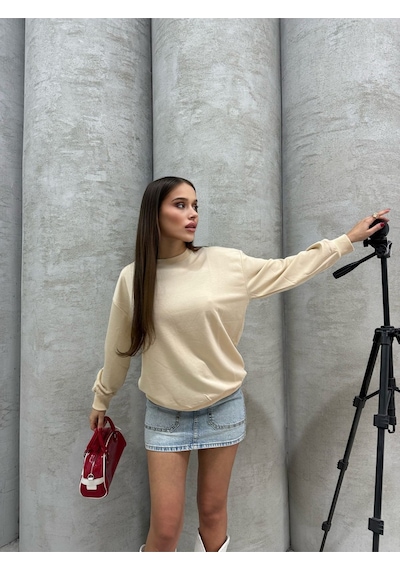 Düz Renk Kadın Sweatshirt Krem