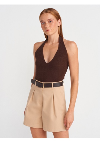 Dilvin 10799 Halter V Yaka Dokulu Triko Bluz-kahve Kahve