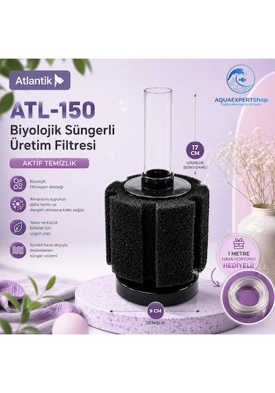 Atlantik Biyolojik Süngerli Üretim Filtresi - Temizlik Filtresi - Pipo Filtre - Aktif Temizlik - . 17x Cm - 1 Metre Hava Hortumu Hediye