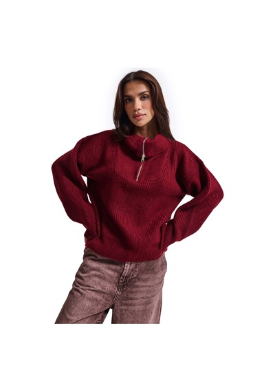 Kadın Bordo W6-35 Oversize Fermuarlı Triko Kazak
