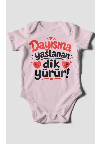 Morivokids Dayısına Yaslanan Dik Yürür Kısa Kollu Bebek Body %100 Pamuk Zbn254-kk Bebe Pembe