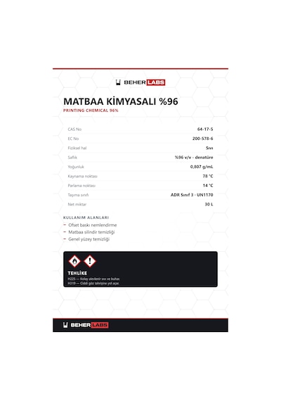 Beherlabs Matbaa Kimyasalı %96 30 L