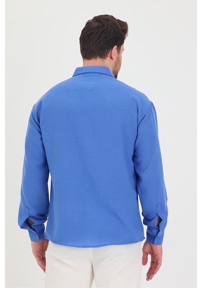 Cool Tarz Erkek Slim Fit Dar Kalıp Uzun Kol Pamuklu Keten Efekt Gömlek Saks Mavi Saks Mavi