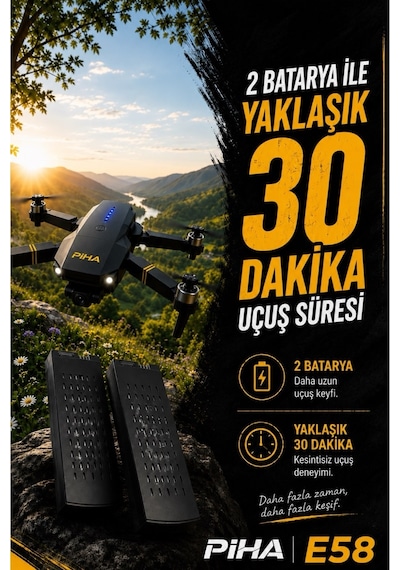 Piha E58 DRONE Yeni Fırçasız Motor 2 Batarya İle 30 DK Uçuş Süresi Hd 720p Çift Kameralı Taşıma Çantalı