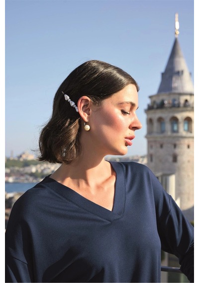 Will Like Herşeytrend Yaprak Desenli Uzun Kollu V Yaka Pijama Takımı Lacivert