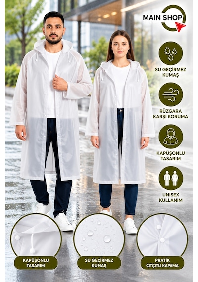 Mainshop Unisex Yağmurluk Kapüşonlu Çıtçıtlı Su Geçirmez Uzun Yağmurluk Kadın Erkek Beyaz