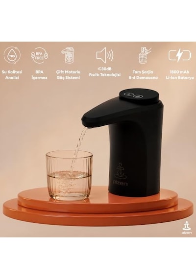 Flow Şarjlı Otomatik Damacana Su Pompası Tds Ölçer 250ml 500ml 1l 2l Ölçü Özellikli Siyah