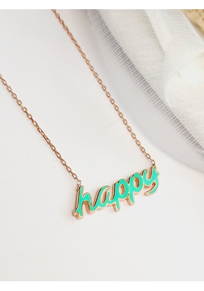 Keskin Gümüş Gümüş Mineli Happy Neon Yeşil Mutlu Trend Kadın Kolye