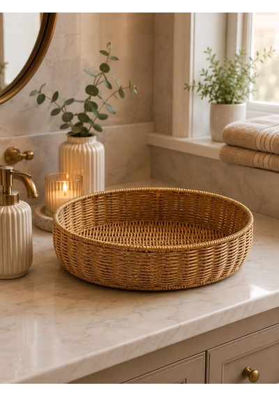 Morponi Kapaklı Oval Bambu Masaüstü Organizer - Banyo Ve Ev Düzenleyici Hasır Kutusu Cos-9217 Sarı